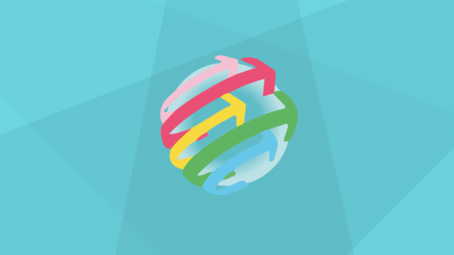 Bunte Pfeile umspannen eine Kugel, Logo des Lernprogramms